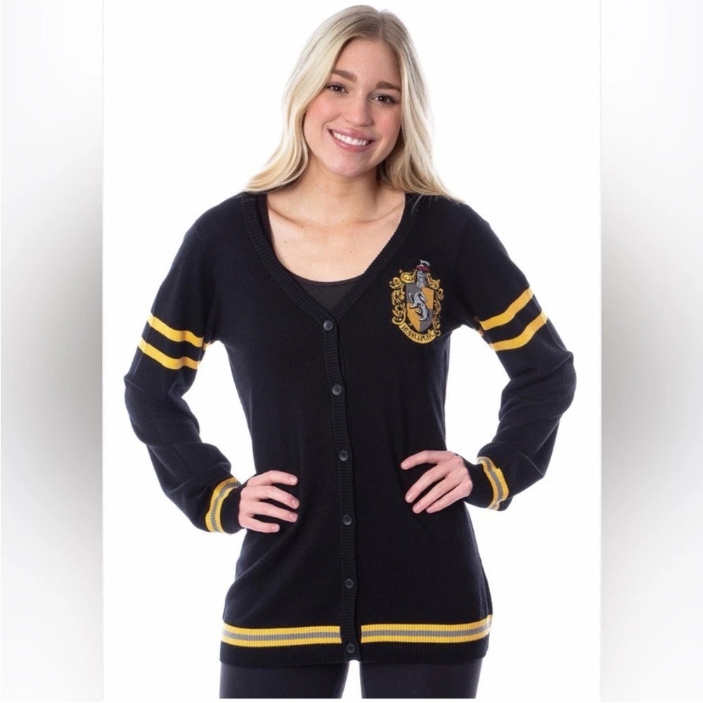Harry Potter Hufflepuff Crest Black Button Cardigan Sweater XL